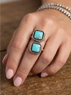 Sterling Najavo Artisan Kingman Turquoise Two Stone Adjustable Statement Ring